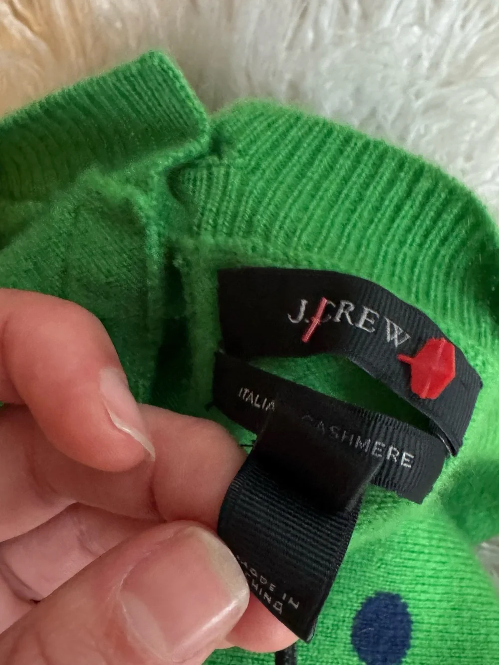 J. Crew Green Crewneck Sweater with Navy Polka Dots